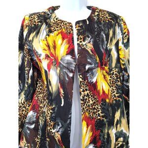 Joni B. Womens Open Front Jacket M Floral Micro Pleat Vibrant Lined Animal Print
